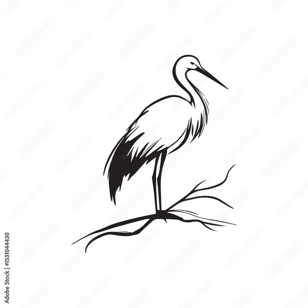 Fototapeta premium minimalist crane perched on a brach with one stoke design