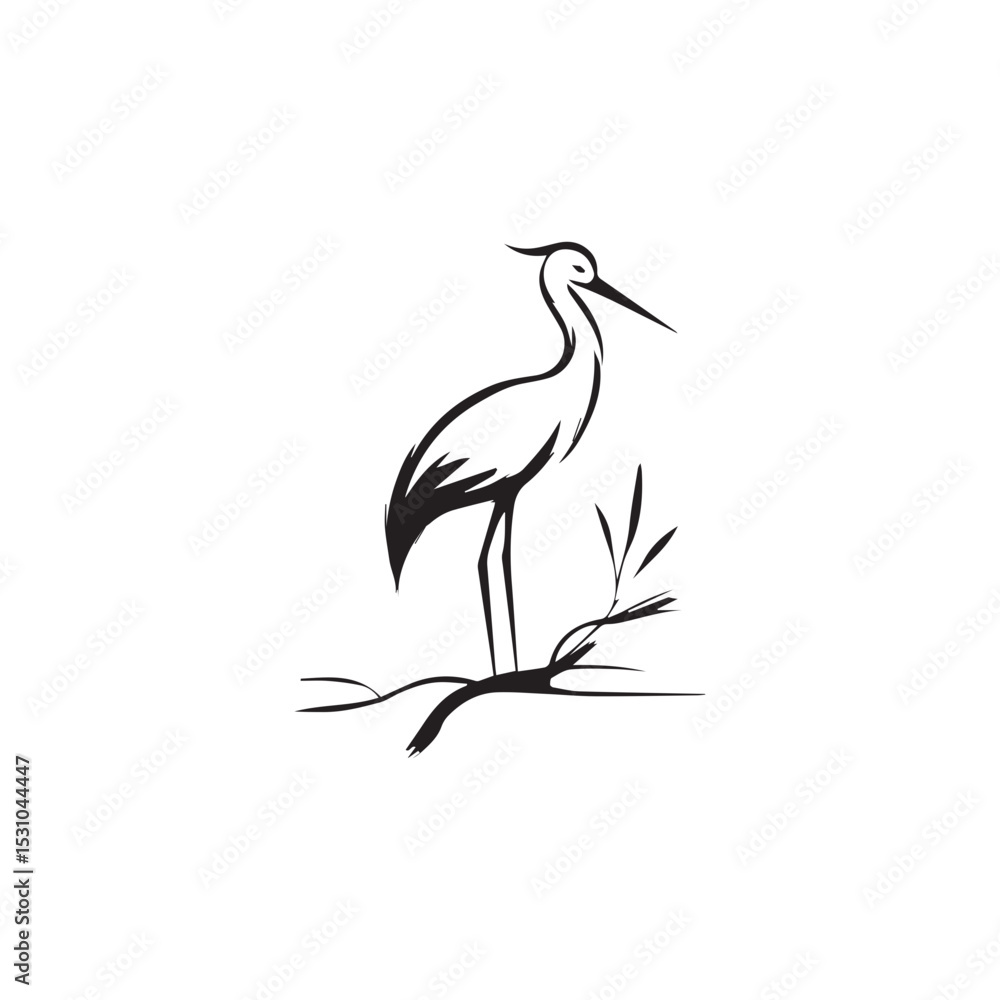 Fototapeta premium minimalist crane perched on a brach with one stoke design
