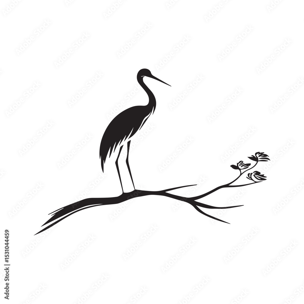 Fototapeta premium minimalist crane perched on a brach with one stoke design