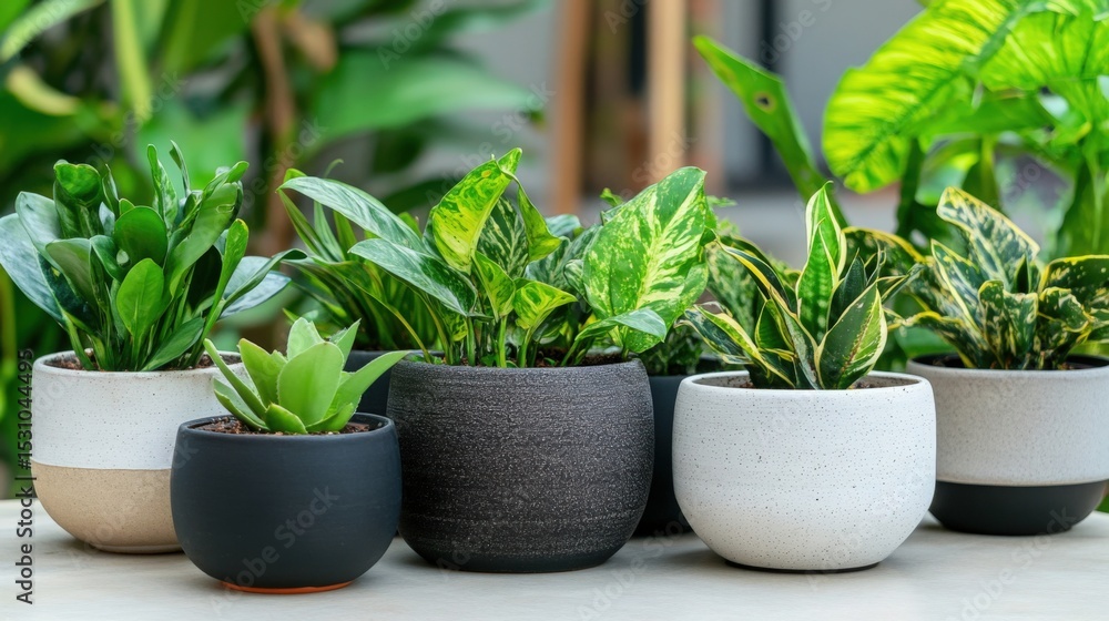 Obraz premium Stylish home garden with a variety of plants in different types of pots for a modern interior. 