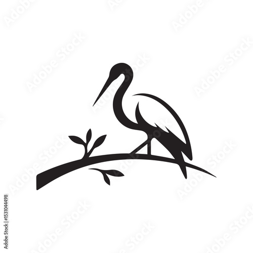 minimalist crane perched on a brach with one stoke design
