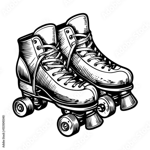 Classic roller skates with high-top design and laces. Detailed engraving of vintage quad roller skates, perfect for retro-themed posters and apparel.