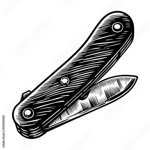 Vintage pocketknife illustration. Detailed pocketknife drawing with wood handle and sharp blade. Classic pocketknife image perfect for vintage design projects, retro logos, and branding.