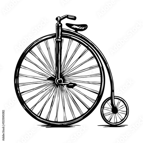 Vintage penny farthing bicycle illustration. Classic high wheeler bicycle design with large front wheel and small rear wheel. Detailed image perfect for vintage posters or nostalgic advertisements.
