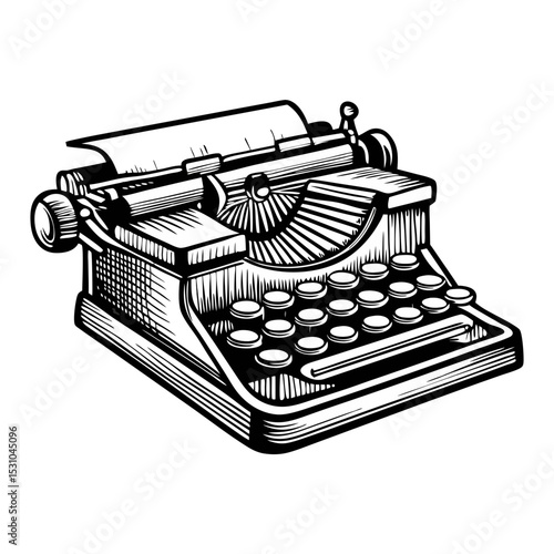 Vintage typewriter illustration. Detailed drawing of antique typewriter with paper roll and keys. Classic writing machine image perfect for vintage design projects, nostalgic publications.
