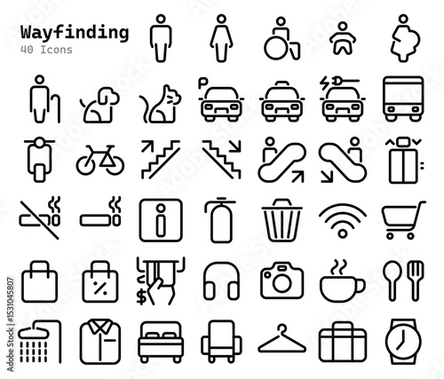 Wayfinding line icon set for public facilities and navigation editable stroke outline icons set isolated on white background flat vector illustration.