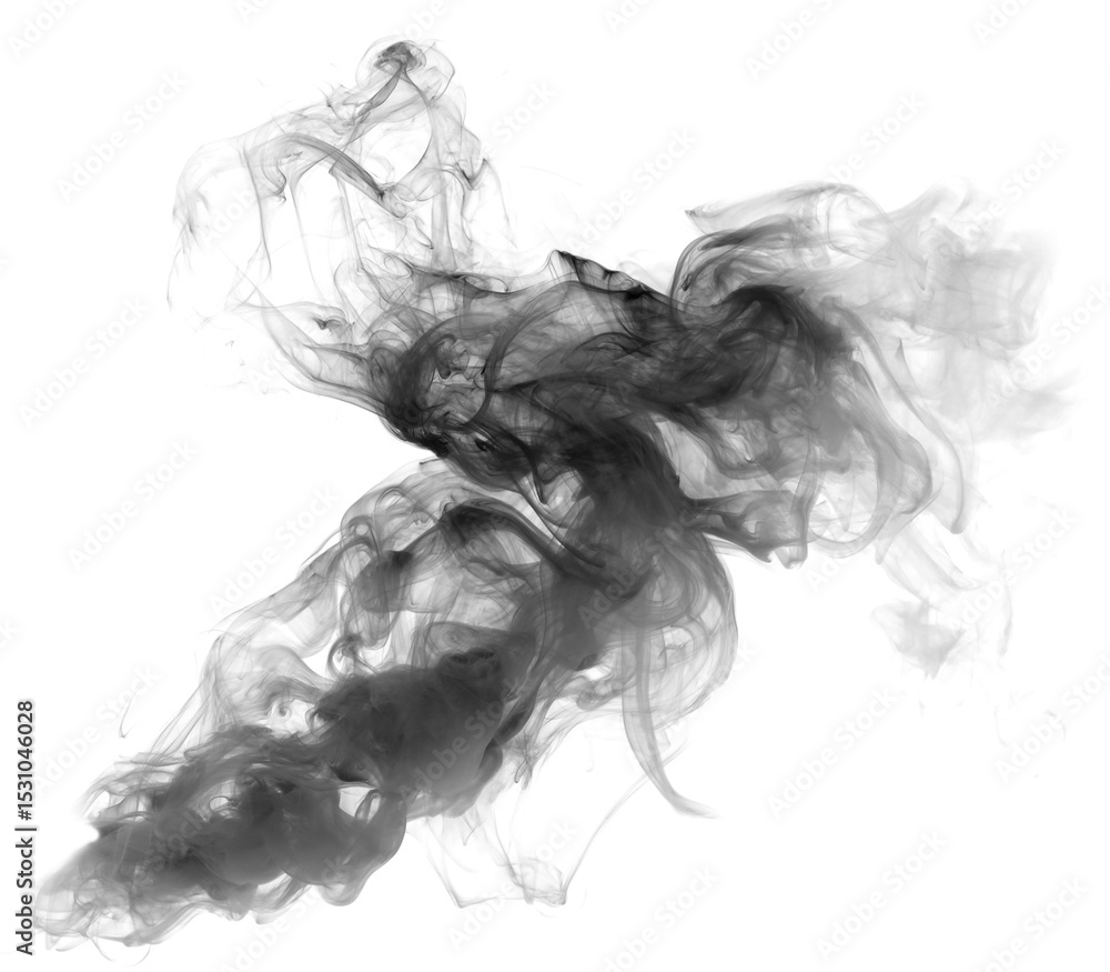 Fototapeta premium Mysterious smoke billows out, separated from the background, creating an abstract mystical atmosphere as particles of vapor and incense float into the air. Dark grey smoke mixes with mistvapor