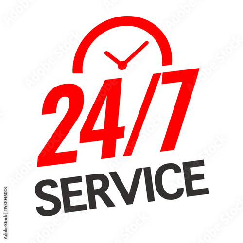 Red 24/7 service symbol with clock icon on white background, around the clock customer support concept