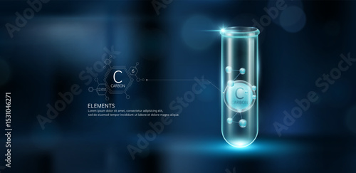 Dark grey model carbon molecules in glass beaker test tube on dark blue background. Minerals sample science experiment. Scientific research concept. Vector EPS10.