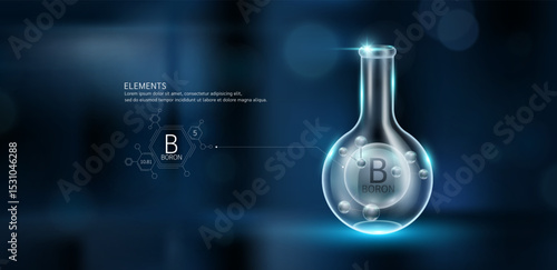 Dark grey model boron (B) molecules in glass beaker sphere test tube on dark background with atomic mass atomic number. Minerals sample science experiment. Scientific research. Vector.