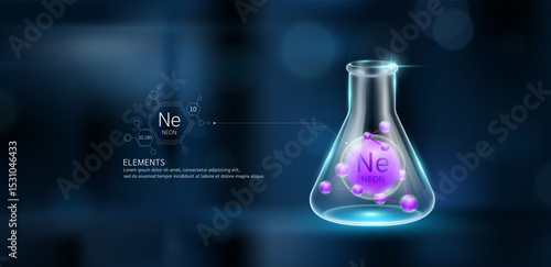 Purple model neon (Ne) molecules in glass beaker triangle test tube on dark blue background. Minerals sample science experiment. Scientific research concept. Vector EPS10.