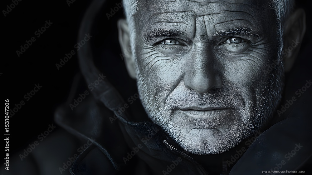 Close-up of a mature man with a rugged yet captivating expression, emphasizing wisdom and determination. Close-up of a mature man with a rugged yet captivating expression, emphasizing wisdom and determination.