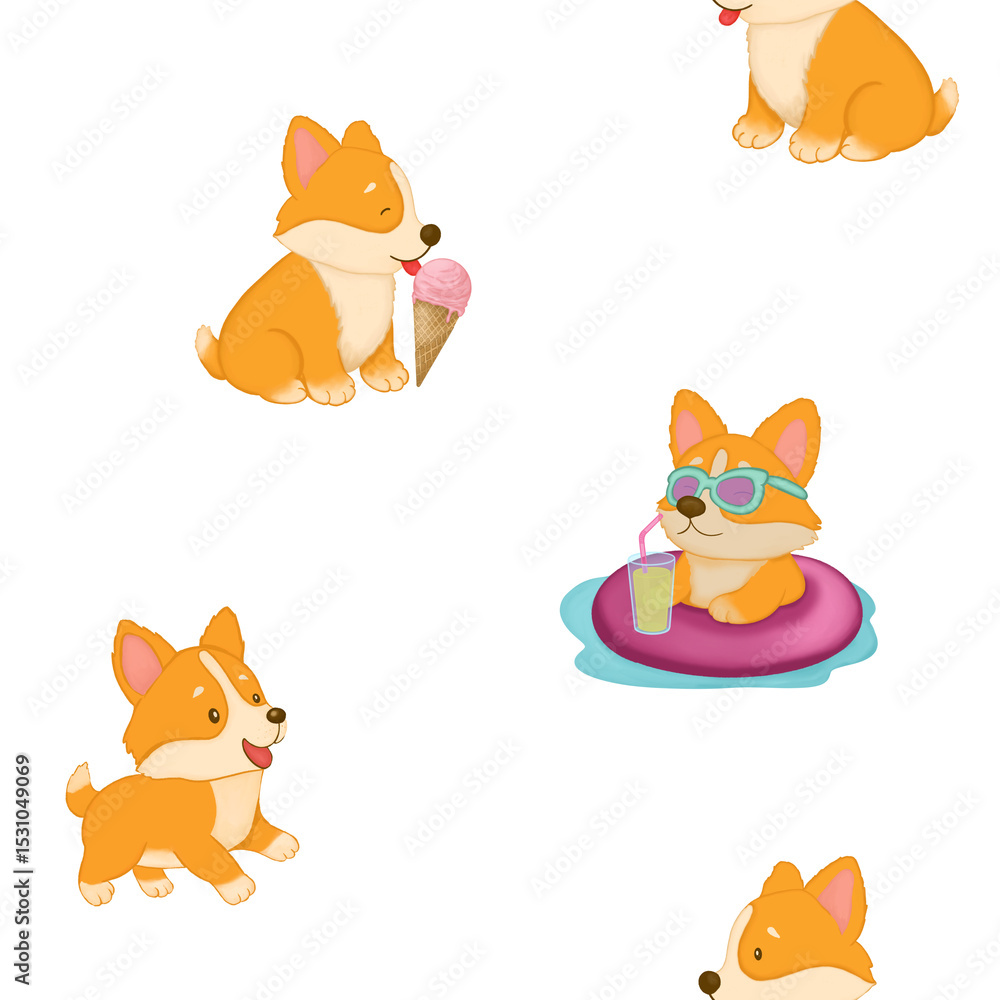 Obraz premium Cute Cartoon Welsh Corgi Puppy on the Beach, Seamless Repeating Background
