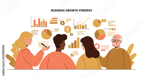 Business growth strategy concept with diverse team analyzing charts and graphs for collaboration and planning vector illustration