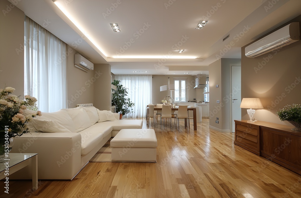 Fototapeta premium Modern open concept living room design with hardwood floors and white sofa interior design ideas