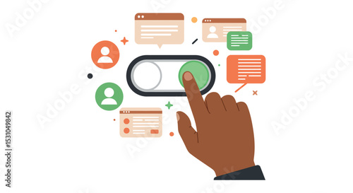 Digital interaction concept with toggle switch and communication icons for interface design vector illustration