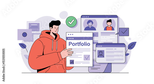 Young professional building a digital portfolio for career growth and online presence vector illustration