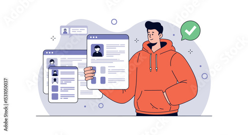 Job application success concept with happy candidate holding resumes vector illustration