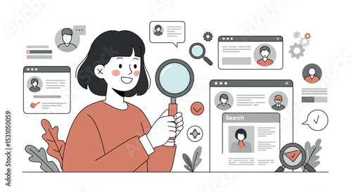 Woman searching profiles online with magnifying glass for digital research vector illustration