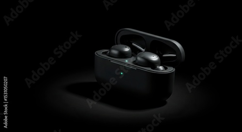 Black Wireless Earbuds Product Shot on Dark Background with Bright Illumination and Minimalist Design