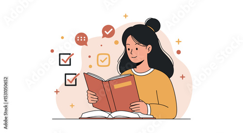 Young woman reading book with checklist and speech bubble for learning and productivity concept vector illustration