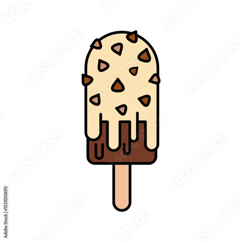 White Choco Ice Cream Flat design style, vanilla ice cream dipped in chocolate coating, perfect for dessert menus and sweet food graphics.