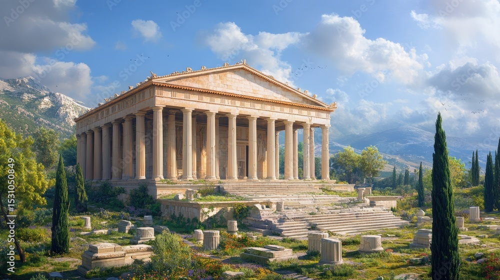 Fototapeta premium Ancient Greek Temple Amidst Lush Greenery and Majestic Mountains