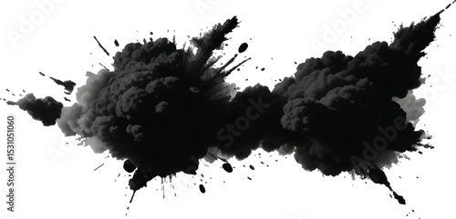 Chaotic and Swirling Black Smoke Burst Captured in Motion, Creating an Intense and 
Dramatic High-Contrast Visual Effect Against a White Background
