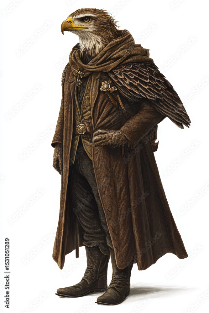 Fototapeta premium Eagle Humanoid in a Brown Coat. A humanoid eagle wearing a long coat, dressed for a fantasy adventure, perfect for a t-shirt design.