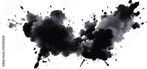 Dynamic Black Smoke Cloud Erupting into the Air with Fine Dust Particles Dispersing in an 
Artistic and High-Definition Abstract Composition on White

