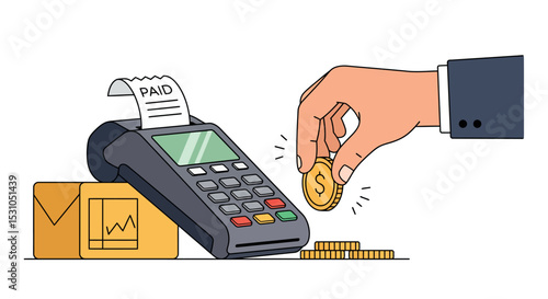 Digital payment transaction with credit card machine and currency exchange vector illustration