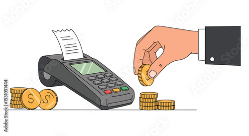 Digital payment concept with hand placing coins near a transaction terminal vector illustration