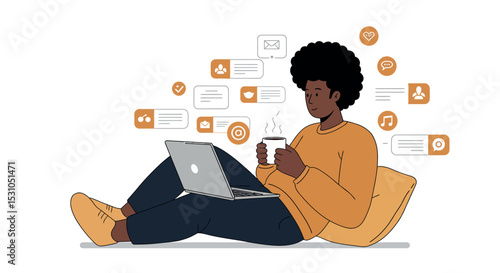Relaxed remote work at home with laptop and coffee vector illustration