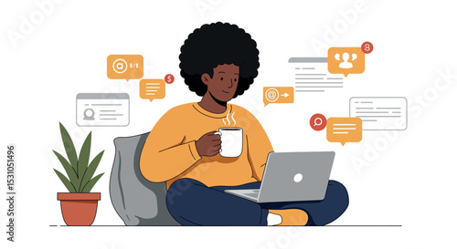Cozy online communication and social networking concept with relaxed home setting vector illustration