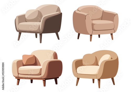 Soft armchair with rounded cushions and wooden legs in flat modern illustration on a transparent background
