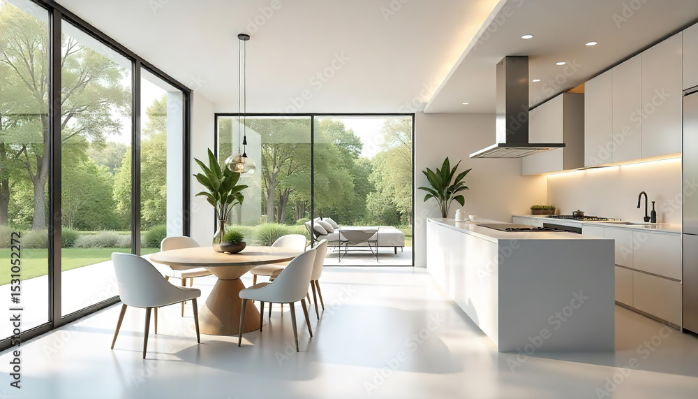 Fototapeta premium Contemporary kitchen-diner with a round dining table positioned near floor-to-ceiling windows with panoramic views of the park.