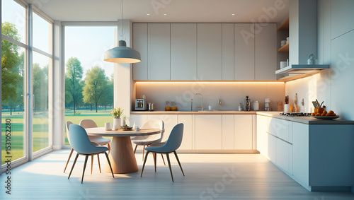 Wallpaper Mural Contemporary kitchen-diner with a round dining table positioned near floor-to-ceiling windows with panoramic views of the park. Torontodigital.ca