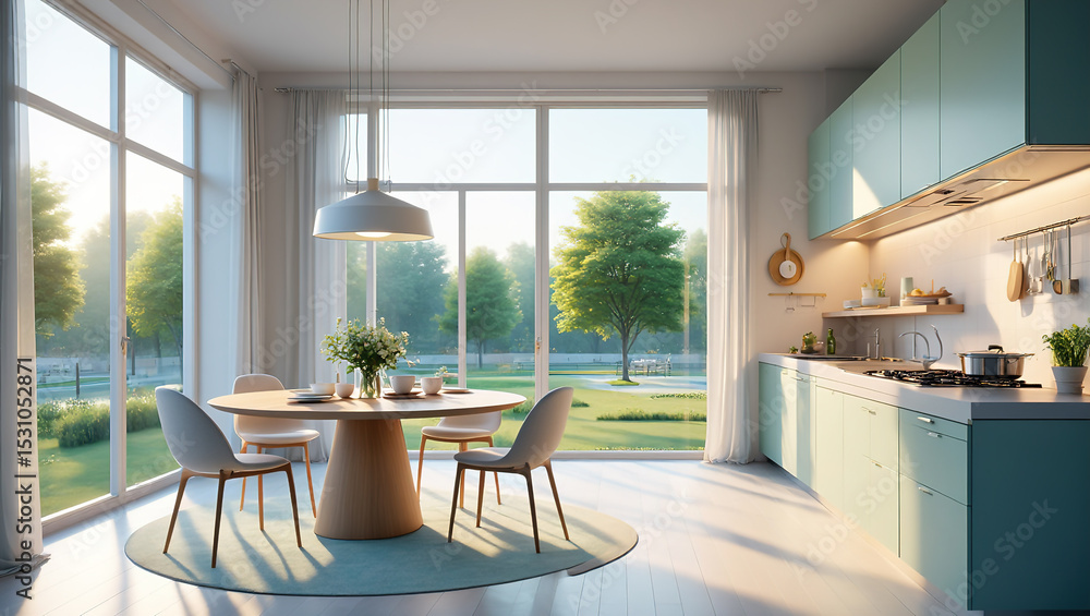 Fototapeta premium Contemporary kitchen-diner with a round dining table positioned near floor-to-ceiling windows with panoramic views of the park.