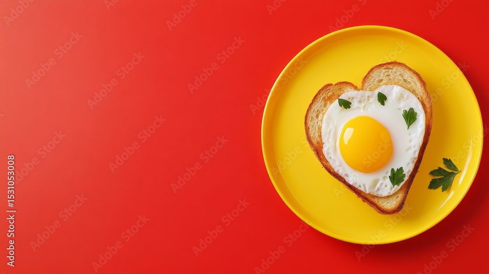 Valentine's Day breakfast, heart-shaped fried egg on toast, garnished with parsley, vibrant yellow plate, bold red background, cheerful ambiance Valentine's Day breakfast, heart-shaped fried egg on toast, garnished with parsley, vibrant yellow plate, bold red background, cheerful ambiance