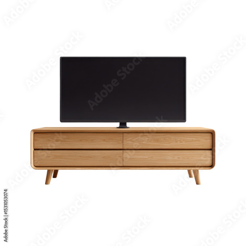 A simple and minimalist modern TV stand made of natural wood, transparent background