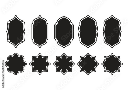 Ramadan frame shape. Islamic window and door icons set. Arabic oriental arches. Silhouettes of arabesque traditional templates