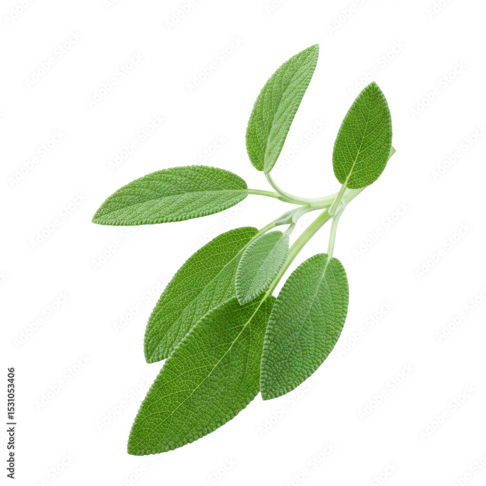 Obraz premium Fresh sage sprig with multiple leaves isolated on transparent background