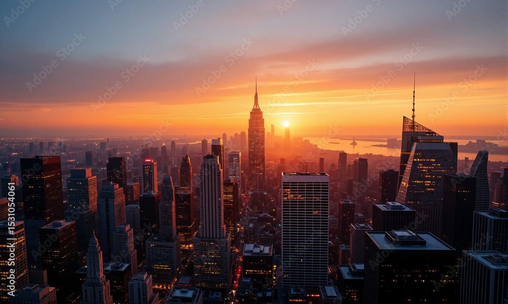 Fototapeta premium Aerial view of sunset over cityscape skyline