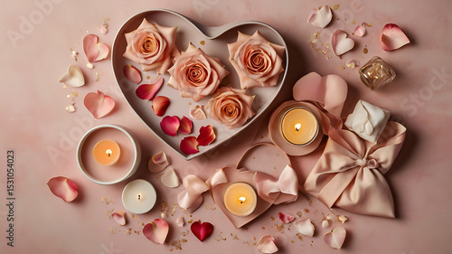 Soft and dreamy flat lay with heart-shaped objects, rose petals, candles, ribbons, and gentle bokeh lights on a pastel or warm-toned background. Minimal and elegant composition with space for product 