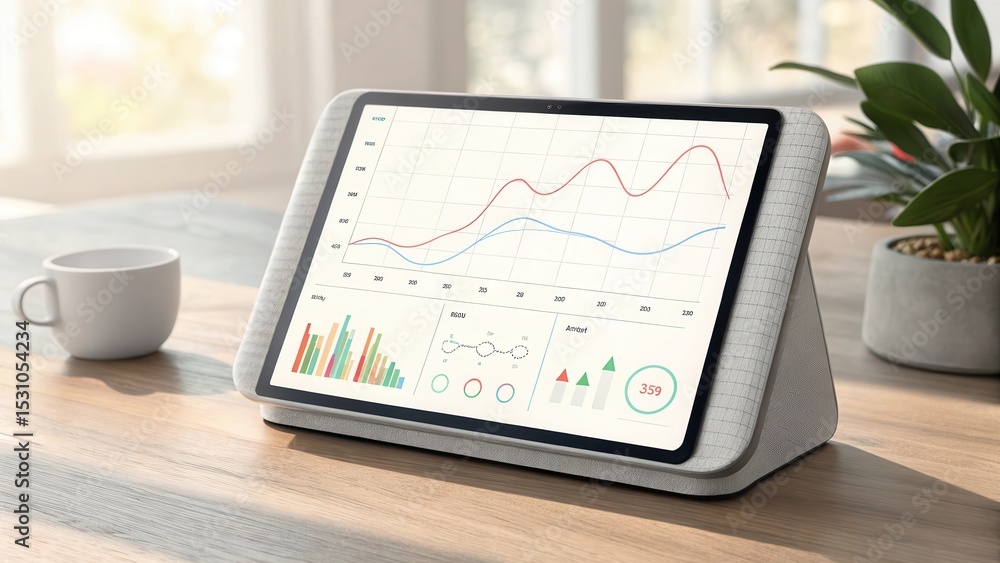 Fototapeta premium Digital Health Solutions for Healthcare. Modern tablet displaying graphs on wooden table with coffee cup and plant.