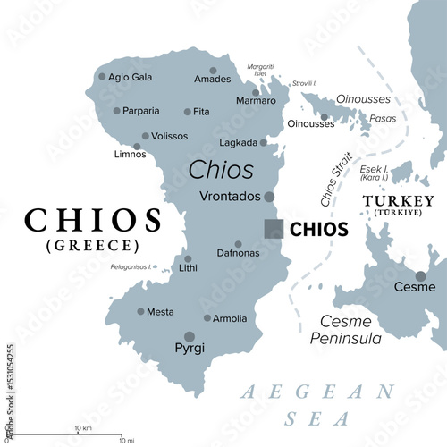 Chios, Greek island in the Aegean Sea, gray political map. Also known as Scio, the island is part of the North Aegean Islands, separated from Turkey by Chios Strait, and with the capital town Chios.