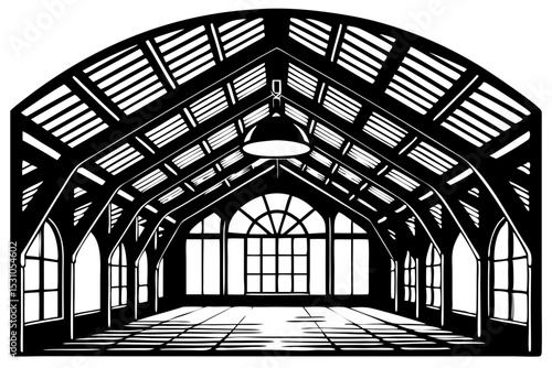 Elegant Black and White Architectural Illustration of a High-Ceiling Interior Space, architecture, interior, design, building, graphics, visual, shapes, beams, aesthetic, detailed, picture, monochrome