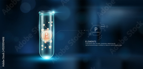 Orange model Phosphorus (P) molecules in glass beaker test tube on dark blue background. Minerals sample science experiment. Scientific research concept. Vector EPS10.