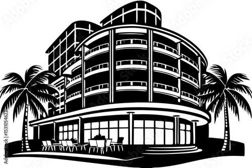 Luxury Beachfront Hotel Building Illustration, hotel, beachfront, building, luxury, visual, getaway, monochrome, minimal, paradise, seaside, stylish, resort, artwork, palm, relaxation, structure, idea