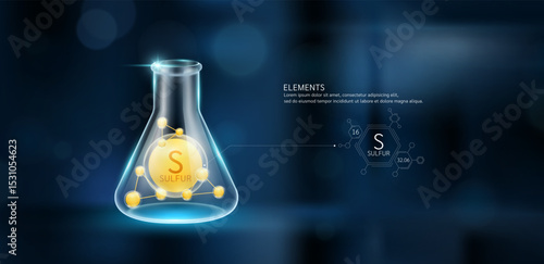 Yellow model Sulfur (S) molecules in glass beaker triangle test tube on dark blue background. Minerals sample science experiment. Scientific research concept. Vector EPS10.